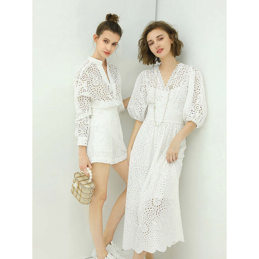 Delicate French Lace Cutwork White Cotton Dress-0