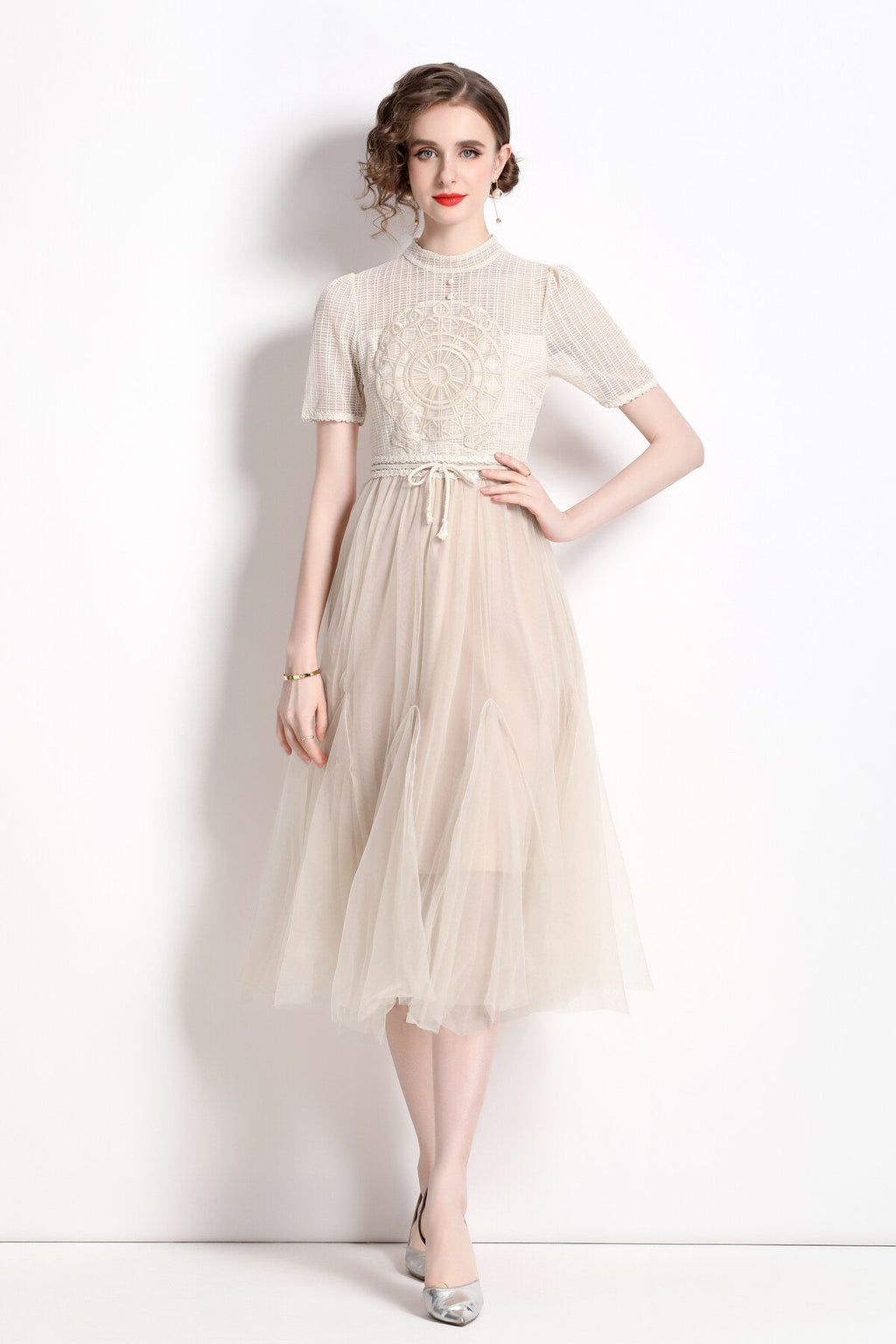 Delicate Mesh High Waisted Midi Dress-0