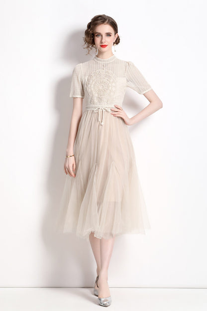 Delicate Mesh High Waisted Midi Dress-0