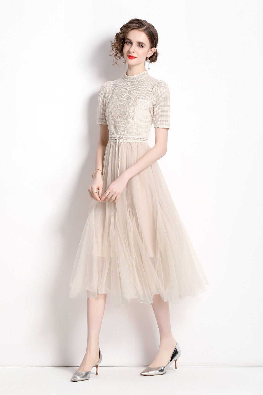 Delicate Mesh High Waisted Midi Dress-1