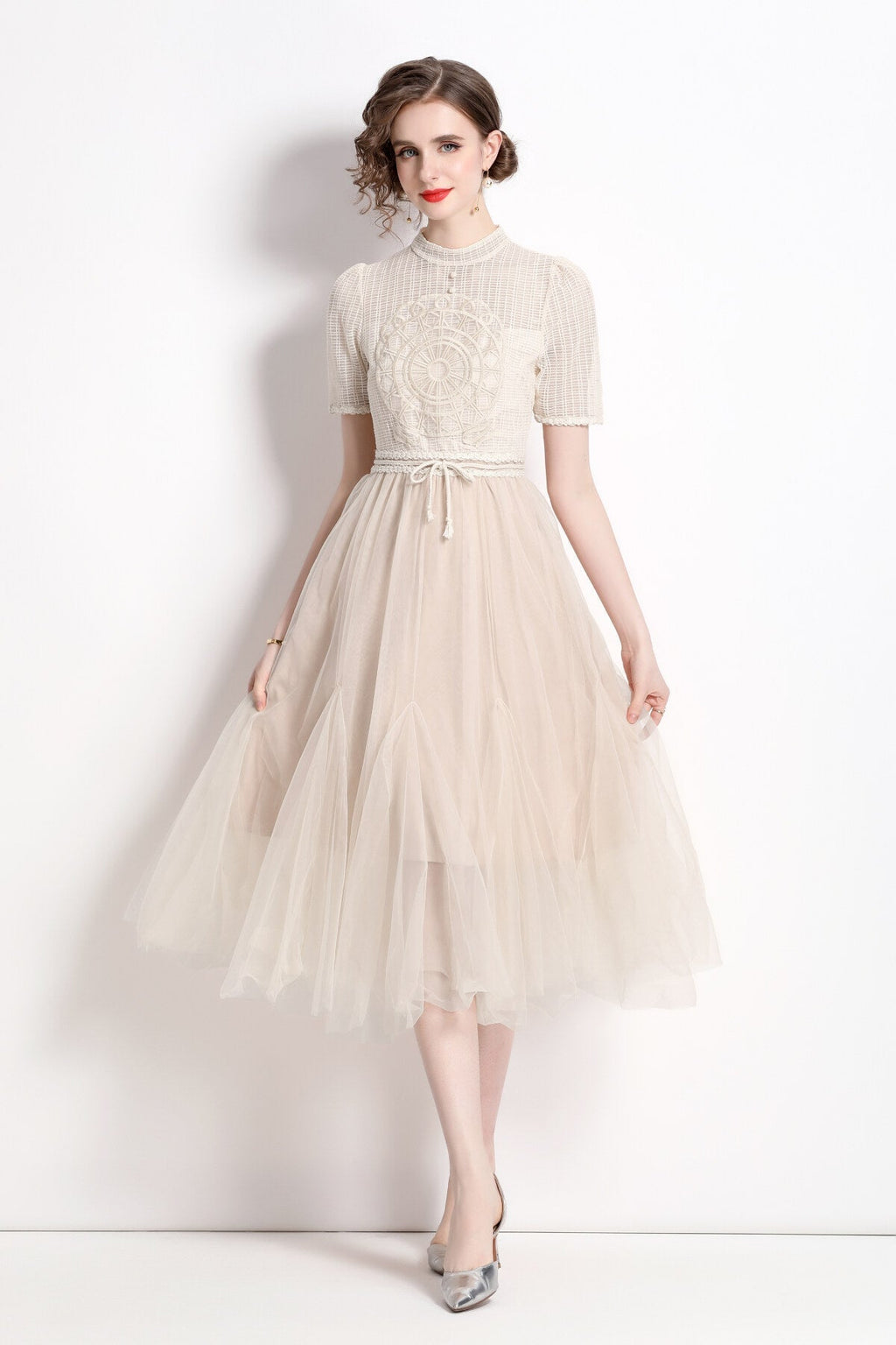 Delicate Mesh High Waisted Midi Dress-2