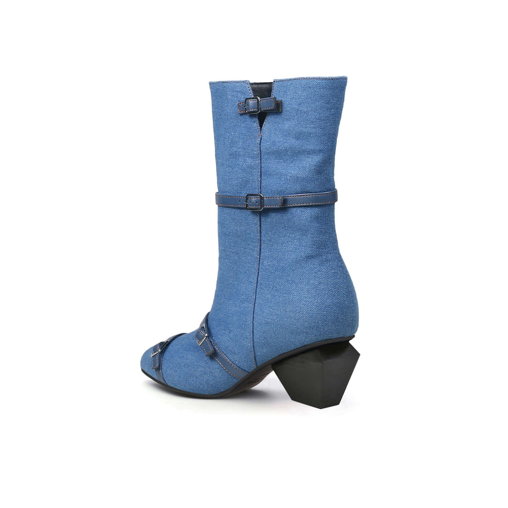 Cross Buckle Straps Denim Blue Mid Thigh Boots-3