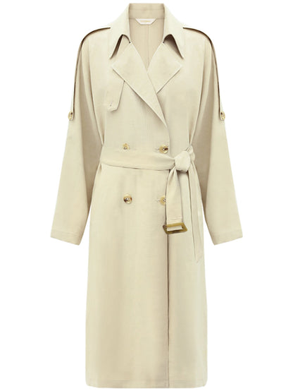 Double Breasted Mid-Length Military Style Beige Trench Coat-3