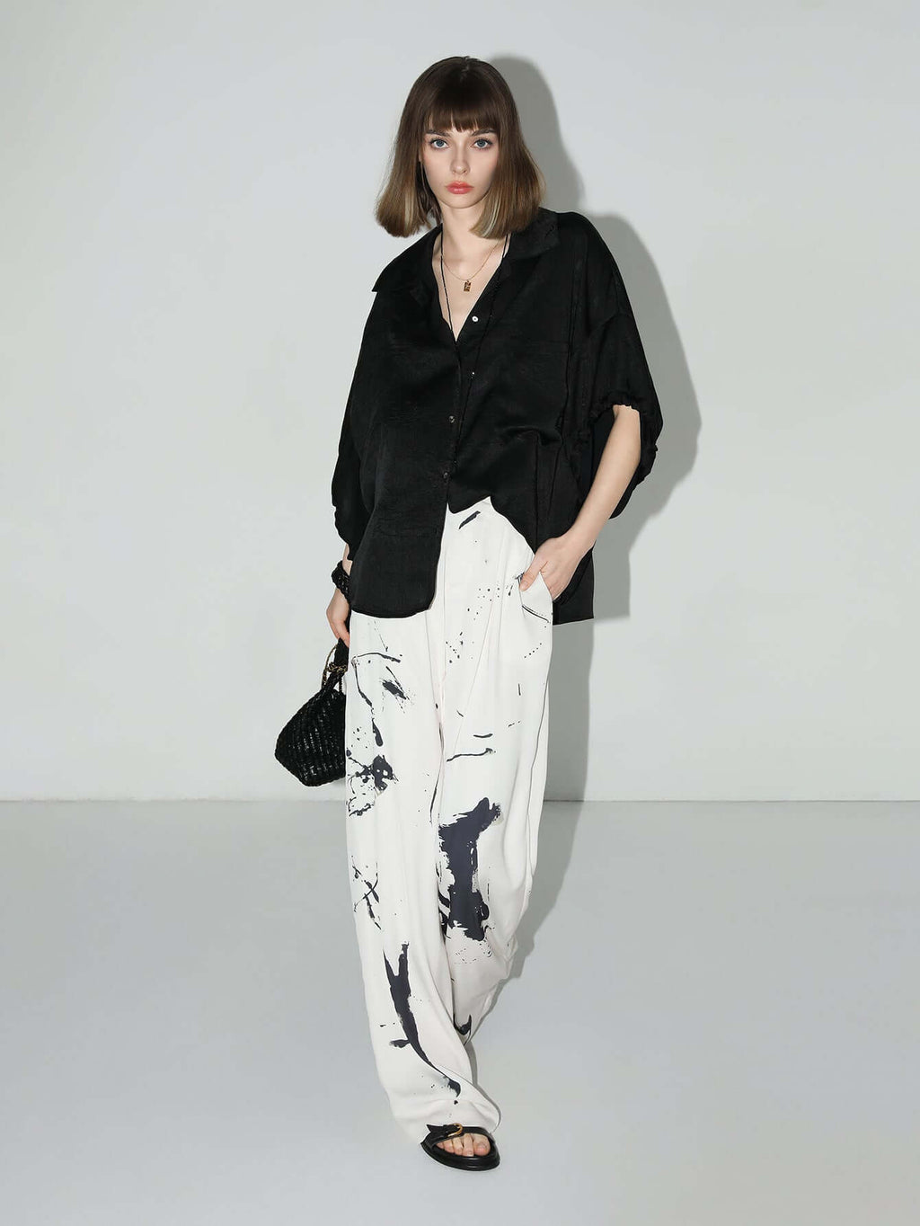 Draped Black Satin Batwing Shirt-1