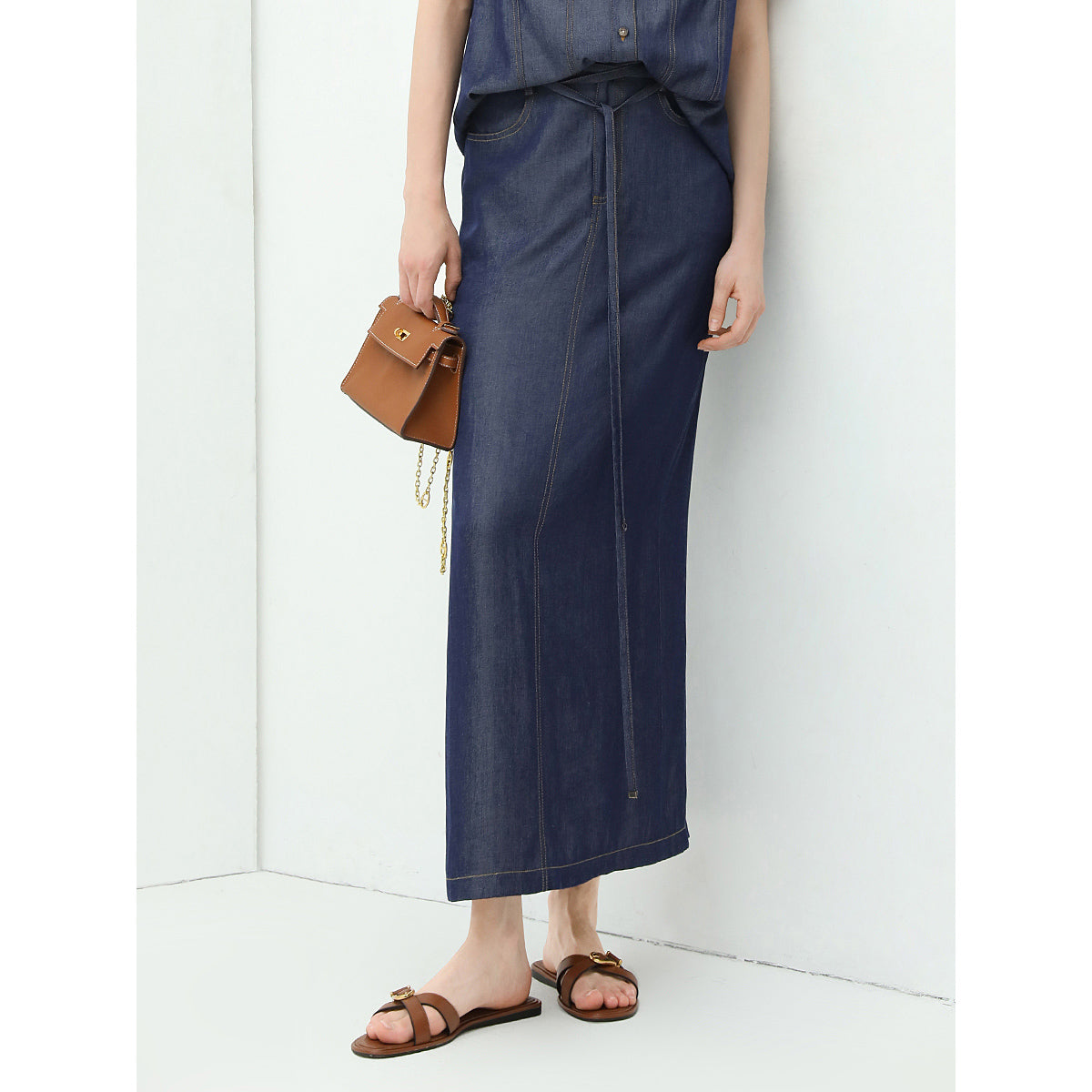 Drawstring High Waist Navy Denim Skirt-0