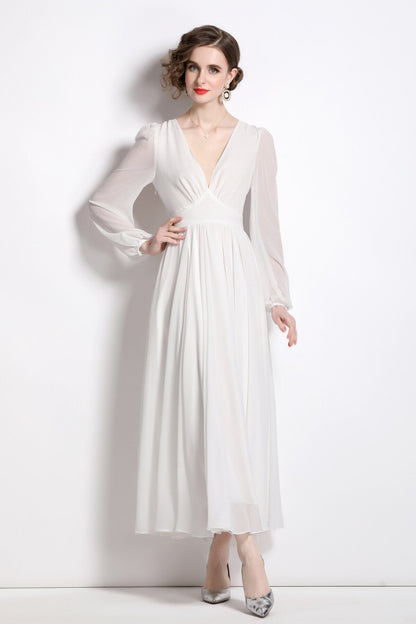 Dreamy White Long Sleeve V Neck Maxi Dress-0