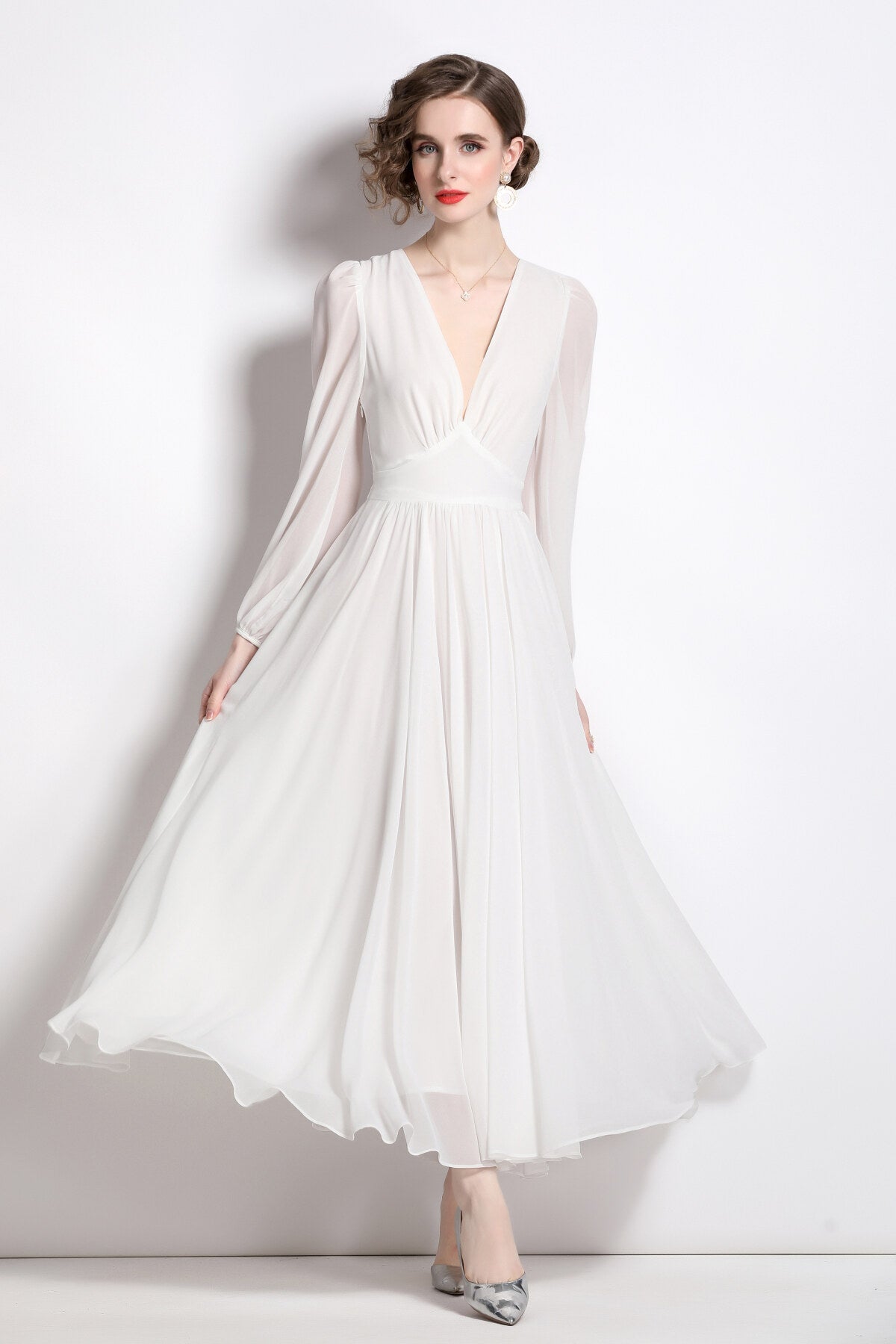 Dreamy White Long Sleeve V Neck Maxi Dress-1