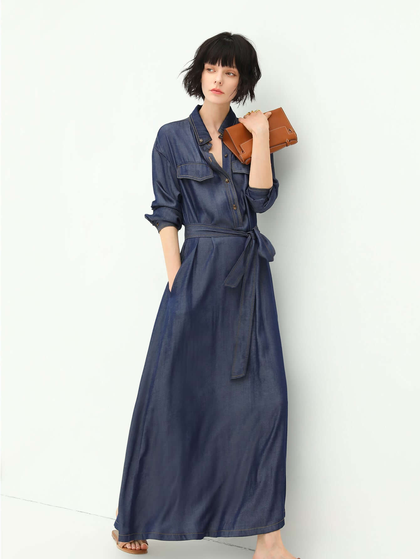 Edgy High-Waist Long-Sleeve Denim Shirt Dress in Navy-1