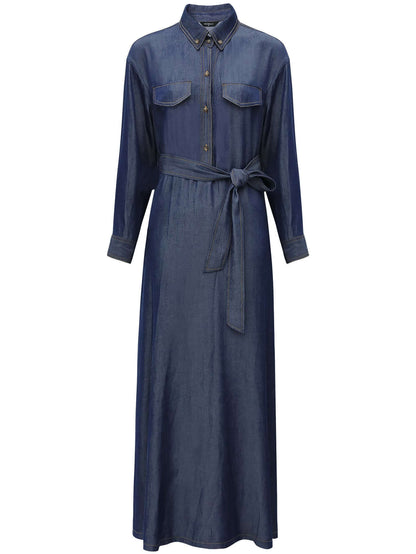 Edgy High-Waist Long-Sleeve Denim Shirt Dress in Navy-3