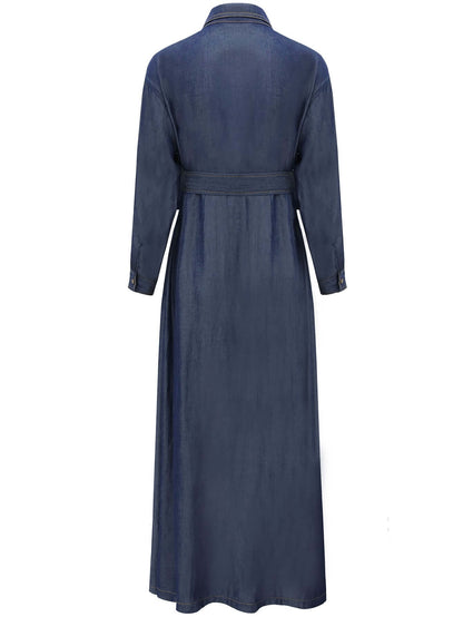Edgy High-Waist Long-Sleeve Denim Shirt Dress in Navy-4
