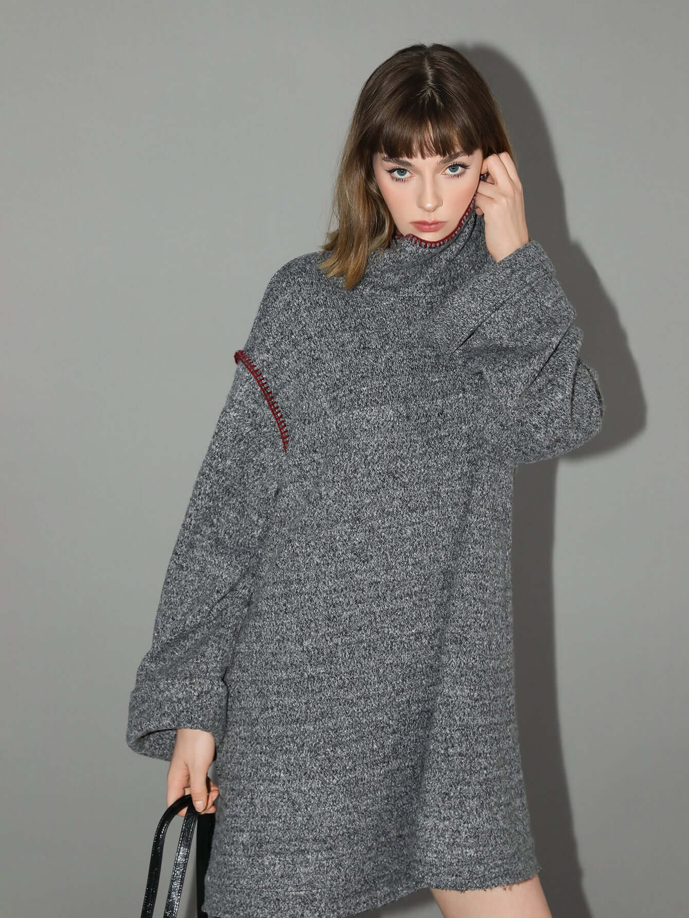 Elegant High-Neck Grey Knitted Dress-2