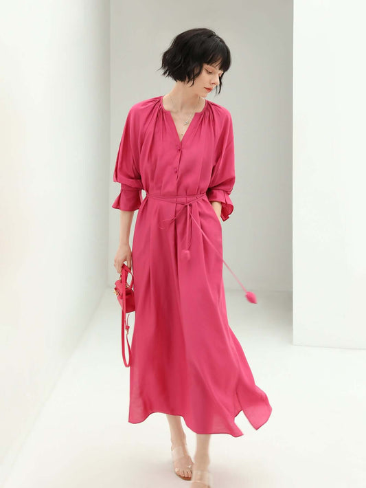 Elegant Pleated Rosebud Pink Blossom Shirt Dress-1