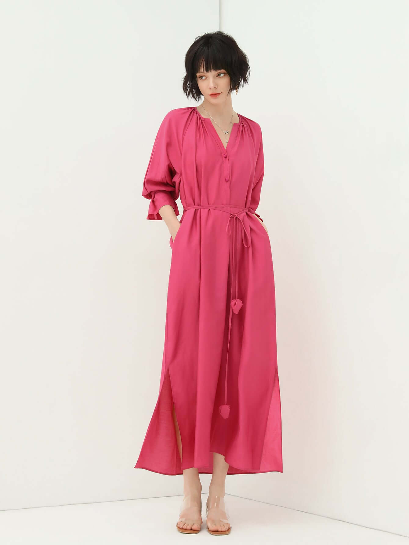 Elegant Pleated Rosebud Pink Blossom Shirt Dress-2