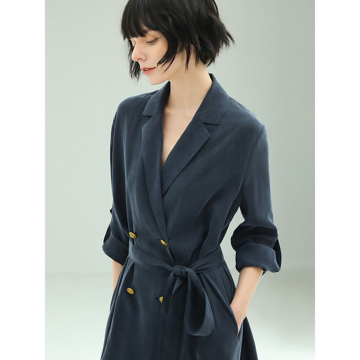 Elite Double Breasted Silk Drape Navy Blazer Dress-2