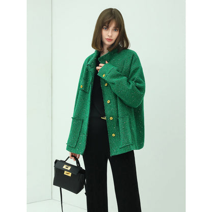 Emerald Green Single Breasted Tweed Coat with Gold Buttons-0