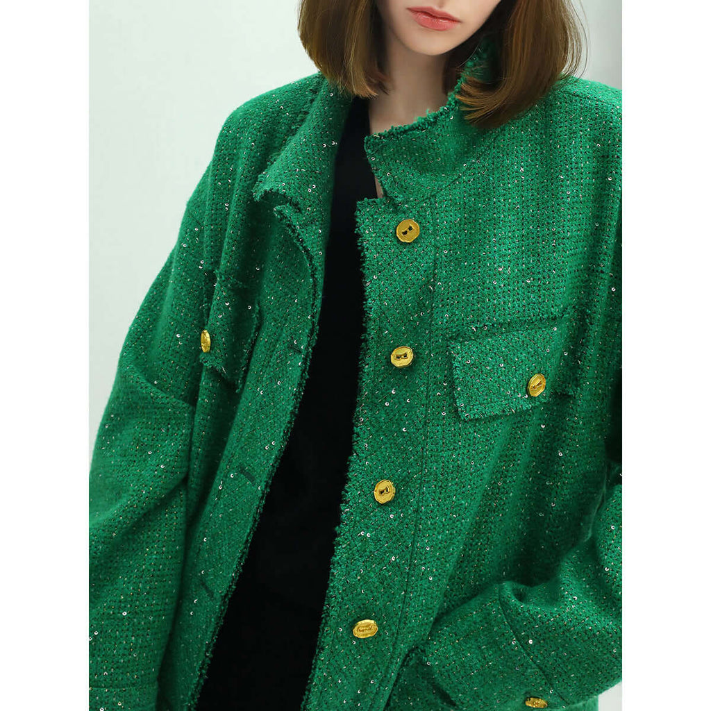 Emerald Green Single Breasted Tweed Coat with Gold Buttons-2