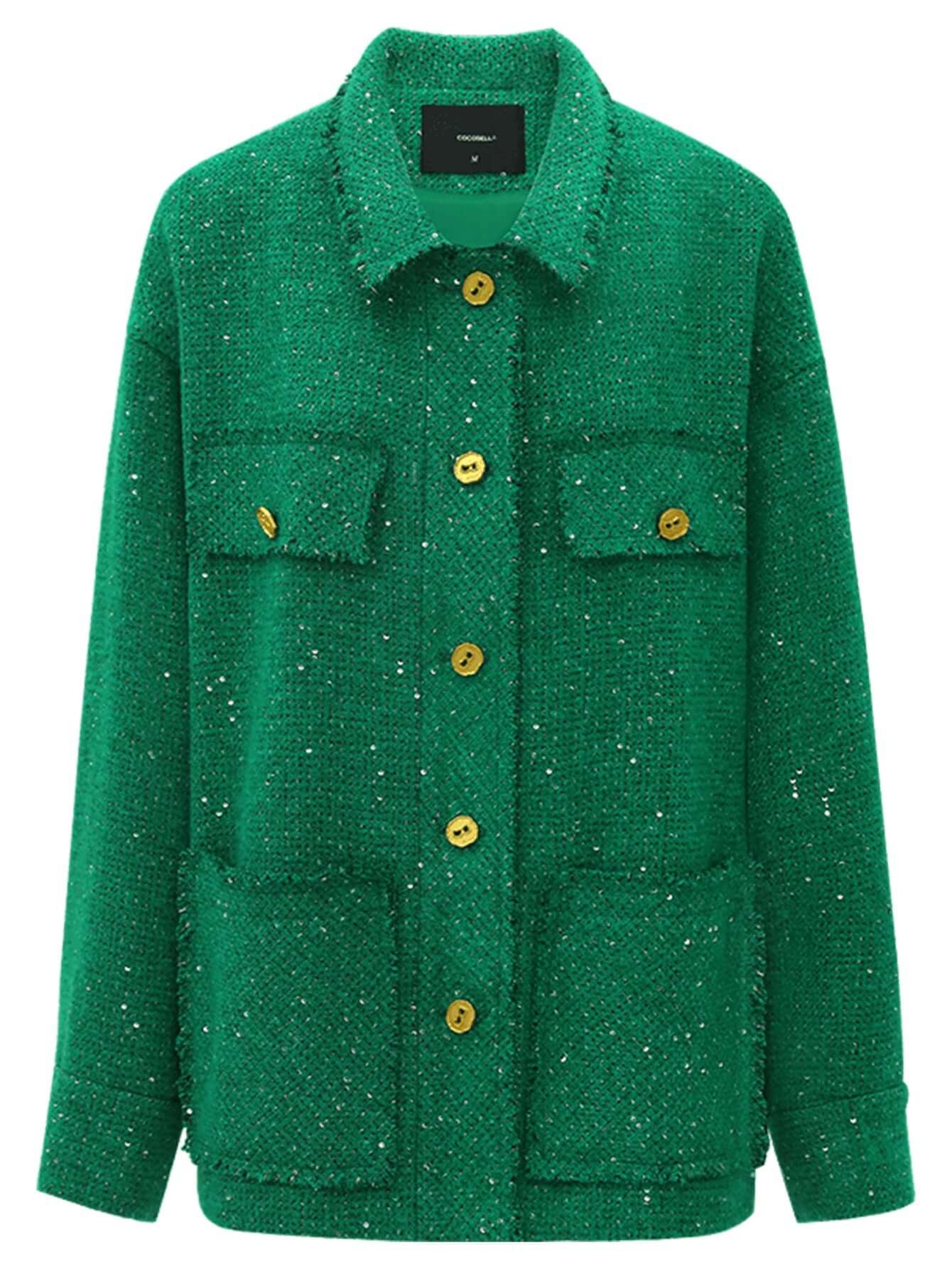 Emerald Green Single Breasted Tweed Coat with Gold Buttons-3