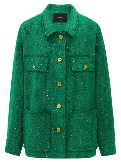 Emerald Green Single Breasted Tweed Coat with Gold Buttons-3