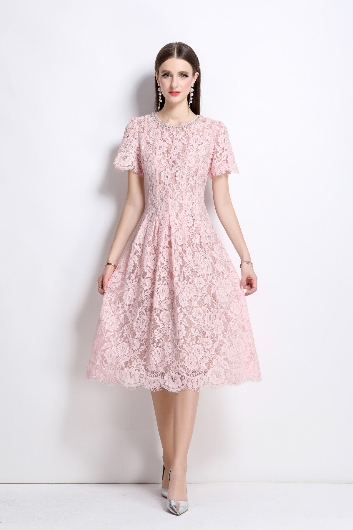 Flamingo Pink Sheer Floral Lace Dress-2