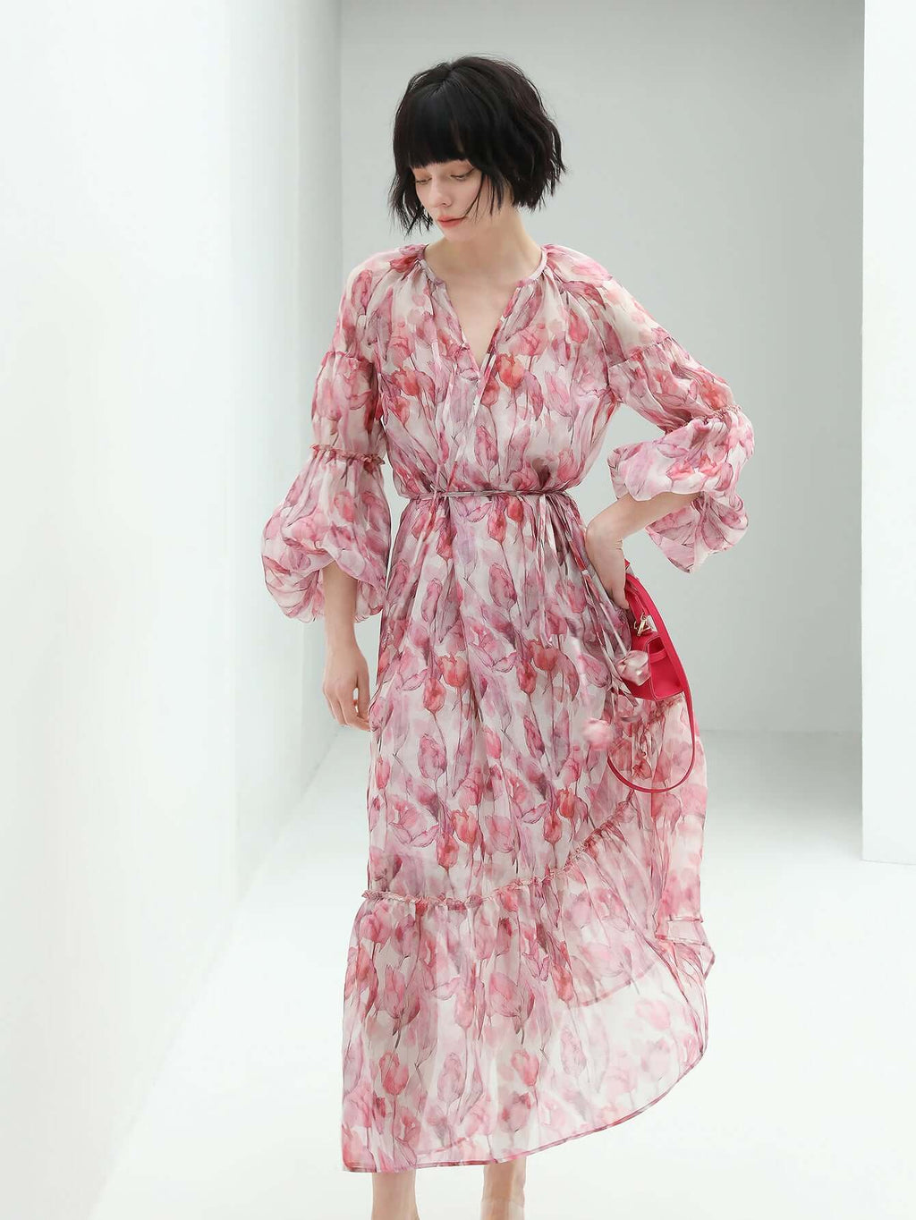 Floral Blush Pink Two Piece Chiffon Dress-0