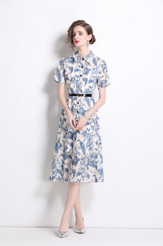 Floral Cinched Waist A Line Work Shirt Dress-1