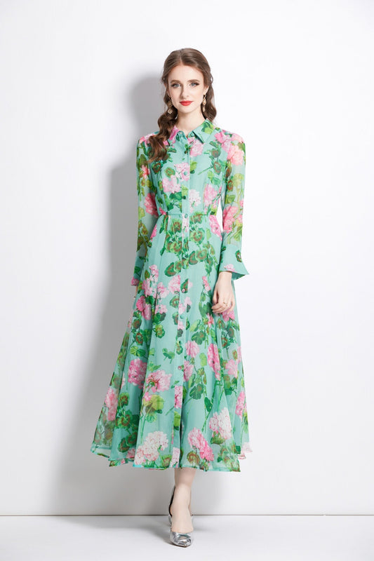 Floral Green Flared Waist Cinching LongSleeve Shirt Dress-0
