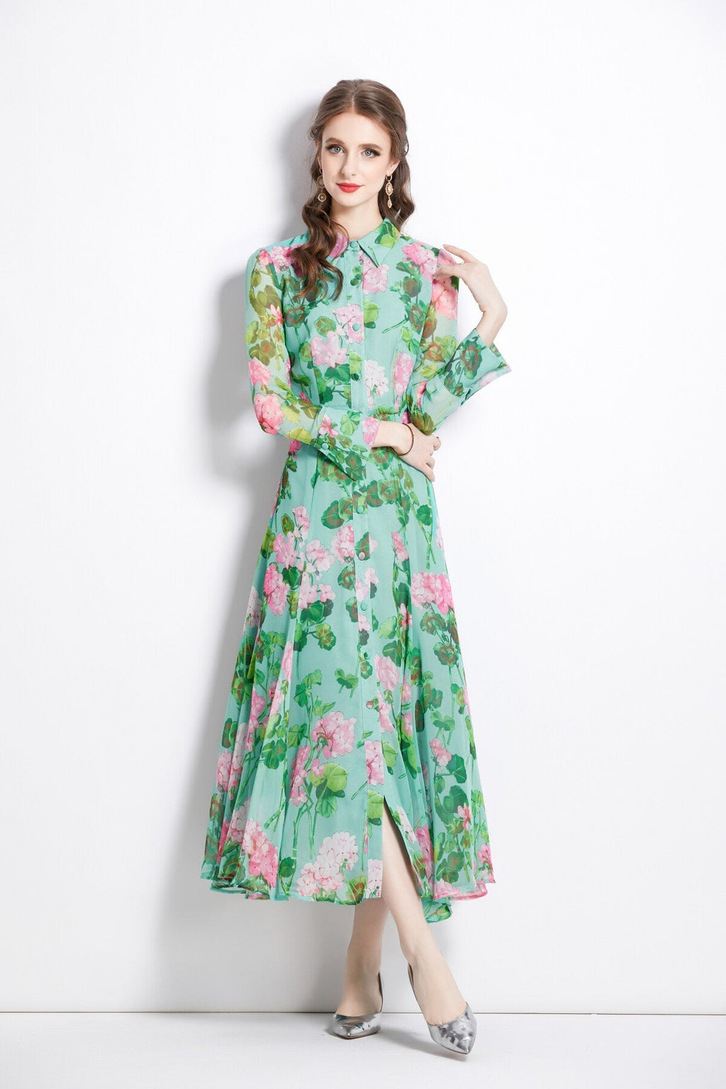 Floral Green Flared Waist Cinching LongSleeve Shirt Dress-1