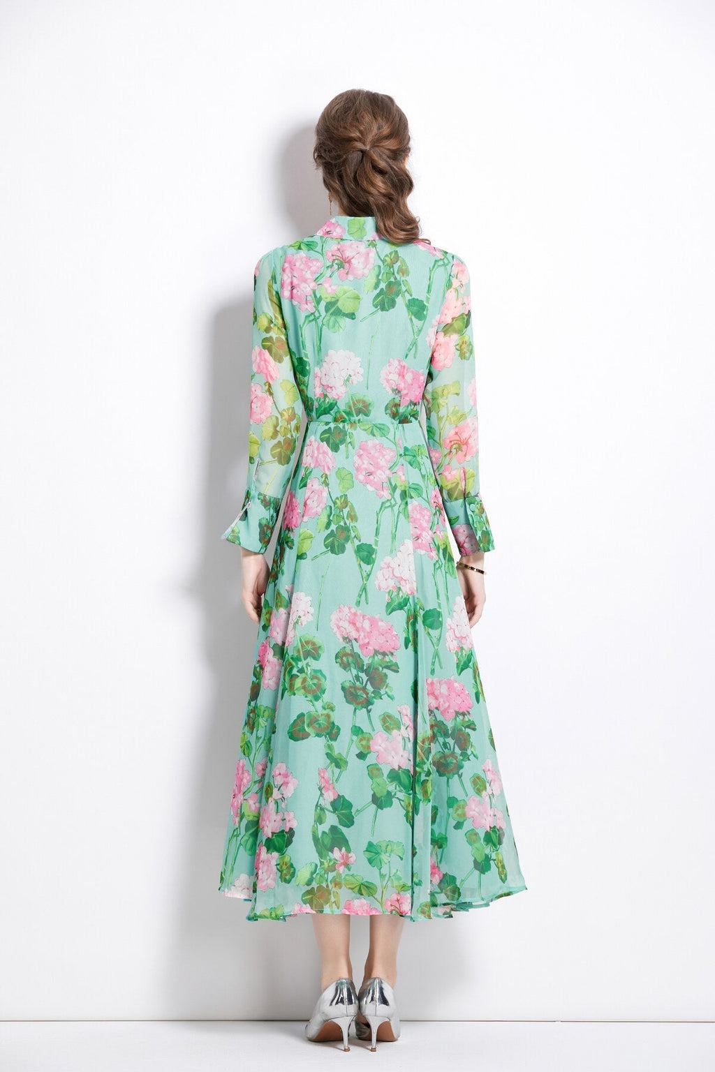 Floral Green Flared Waist Cinching LongSleeve Shirt Dress-3
