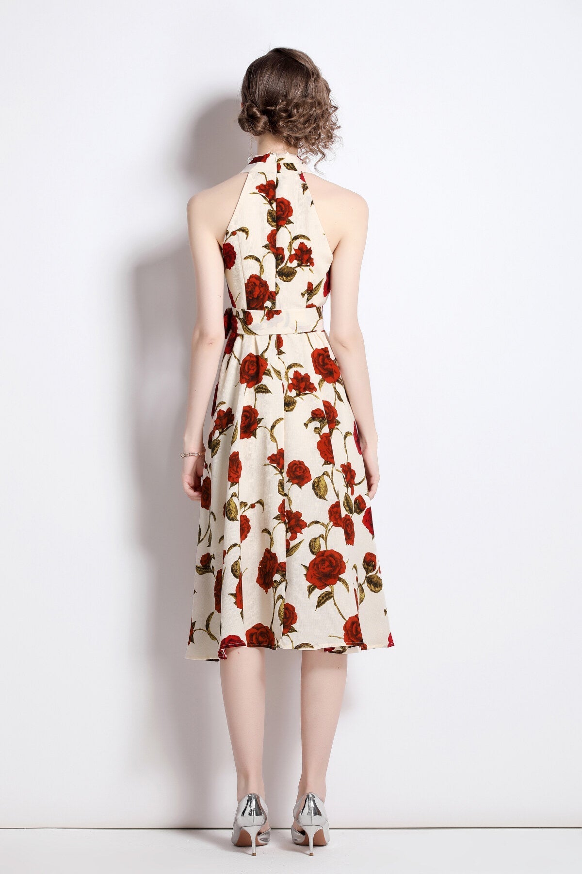 Floral High Waisted Slimming Halter Neck Beige A Line Dress-3