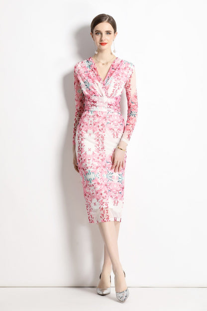 Floral Pink Plunging Fitted Garden Party Midi Dress-2