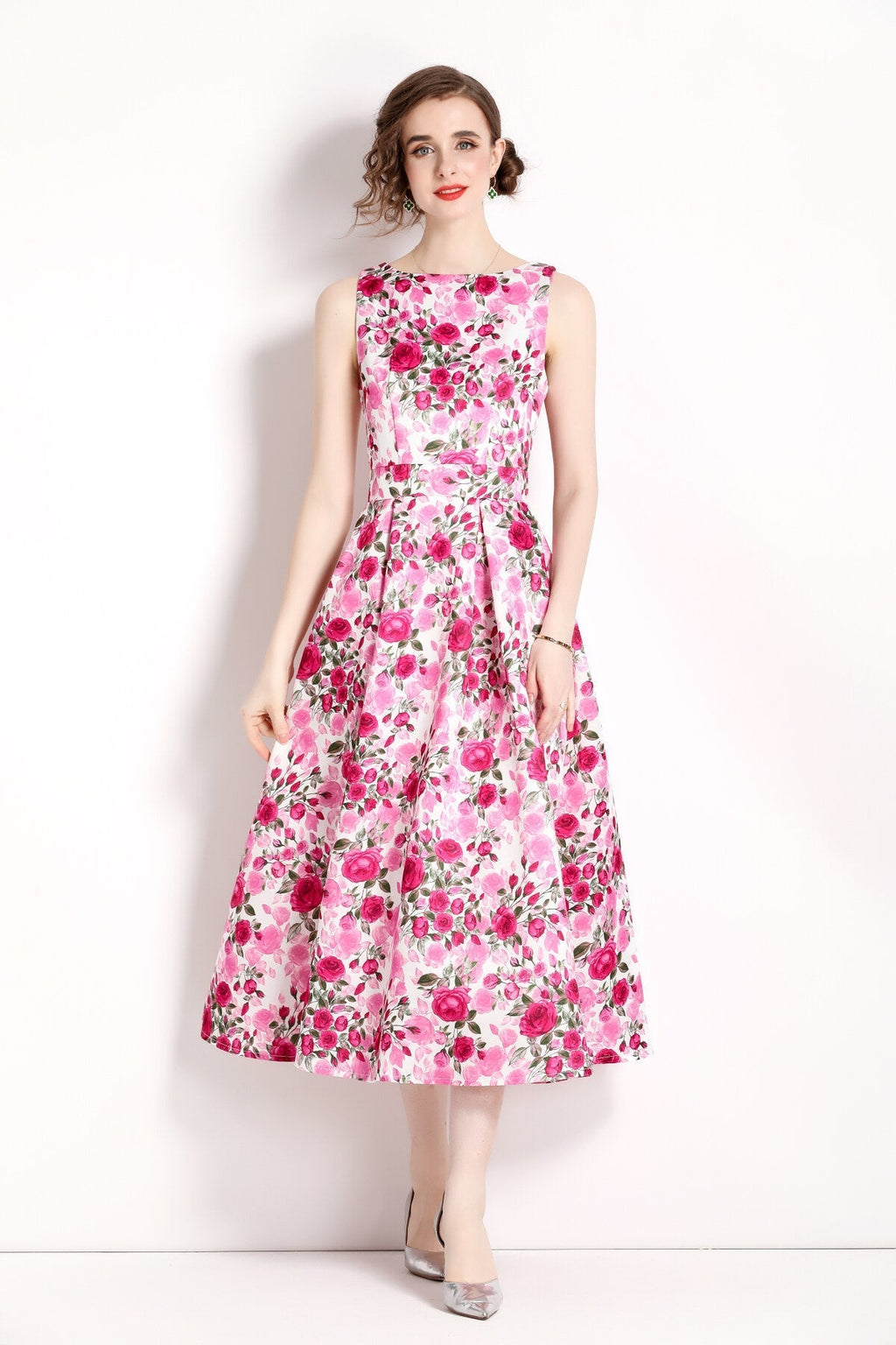 Floral Pink Sleeveless Midi Dress-0