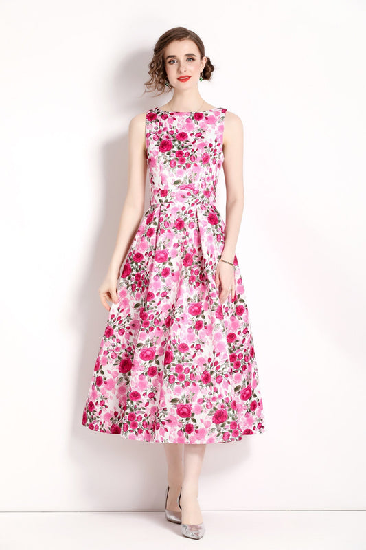 Floral Pink Sleeveless Midi Dress-0