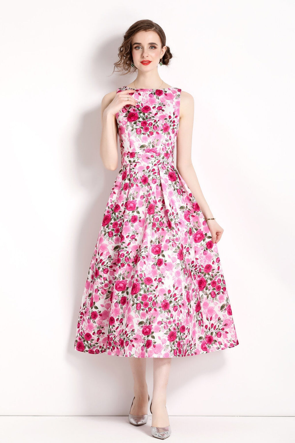 Floral Pink Sleeveless Midi Dress-2