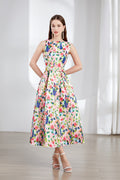 Floral Sleeveless Boatneck Flared A Line Midi Dress-0