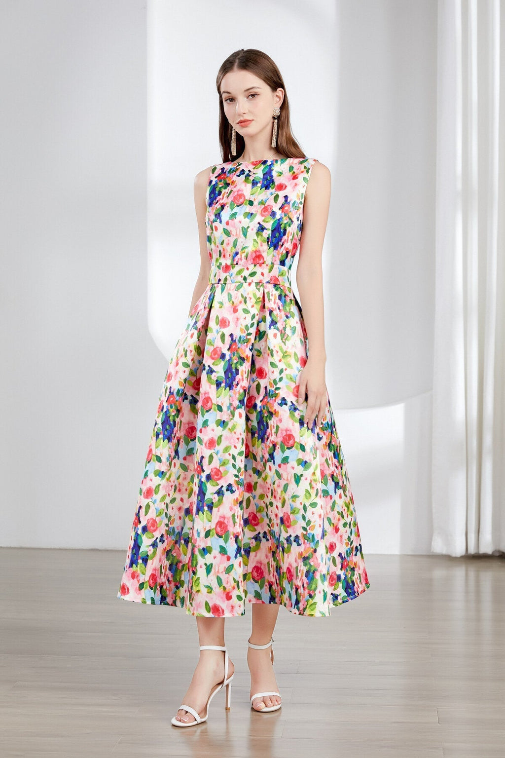 Floral Sleeveless Boatneck Flared A Line Midi Dress-1