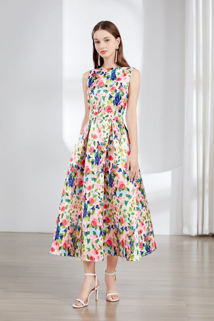 Floral Sleeveless Boatneck Flared A Line Midi Dress-1