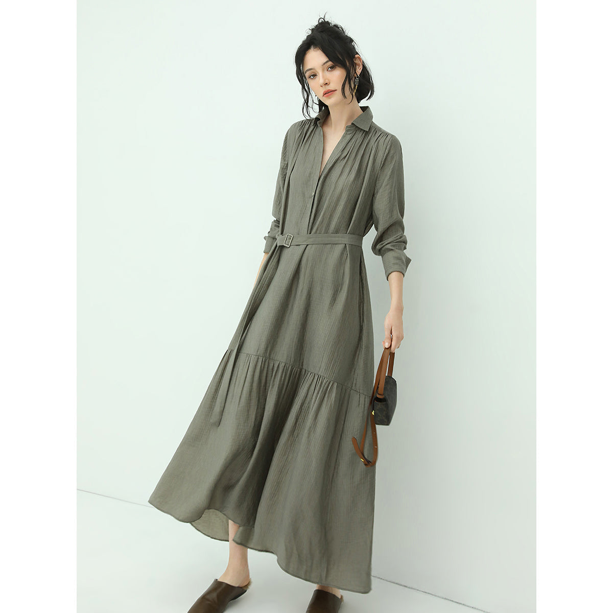 Flowy Belted Olive Shirt Dress with Pleats-0