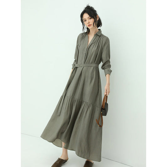 Flowy Belted Olive Shirt Dress with Pleats-0