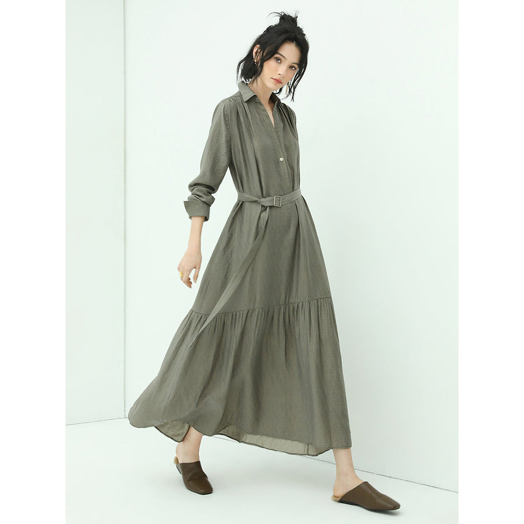 Flowy Belted Olive Shirt Dress with Pleats-2
