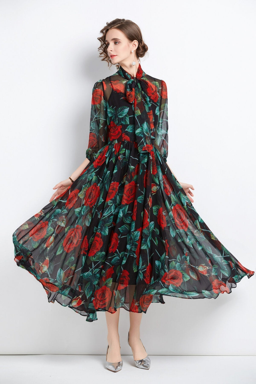 Flowy Floral Chiffon Vacation Dress-2