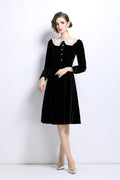 French Lace Collar Knee Length Black Velvet Dress-0