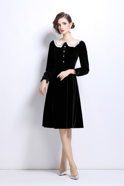 French Lace Collar Knee Length Black Velvet Dress-0