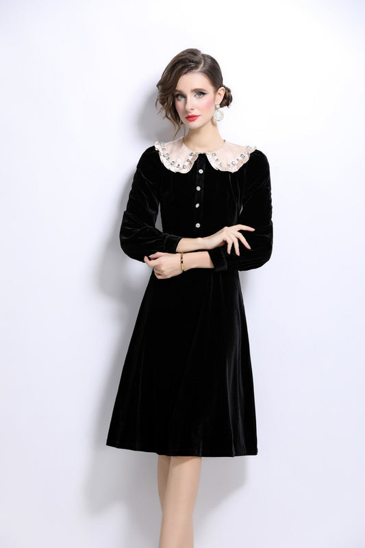 French Lace Collar Knee Length Black Velvet Dress-1