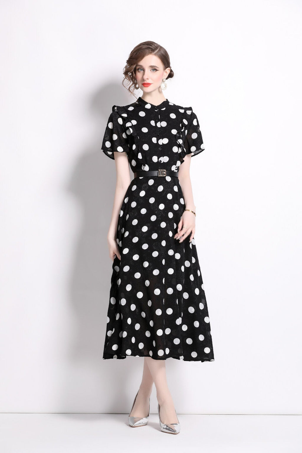 French Polka Dot Print Stand Collar Midi A Line Dress-0