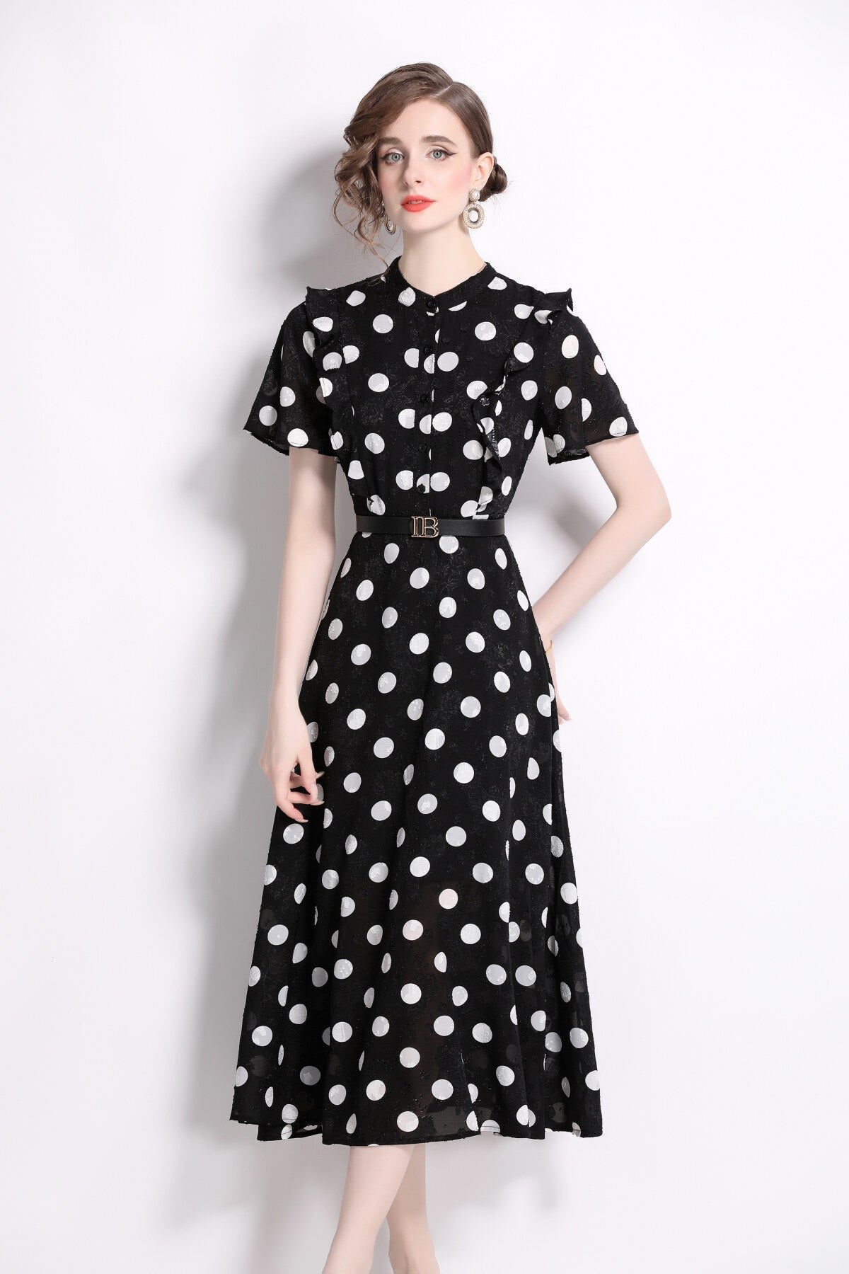 French Polka Dot Print Stand Collar Midi A Line Dress-1