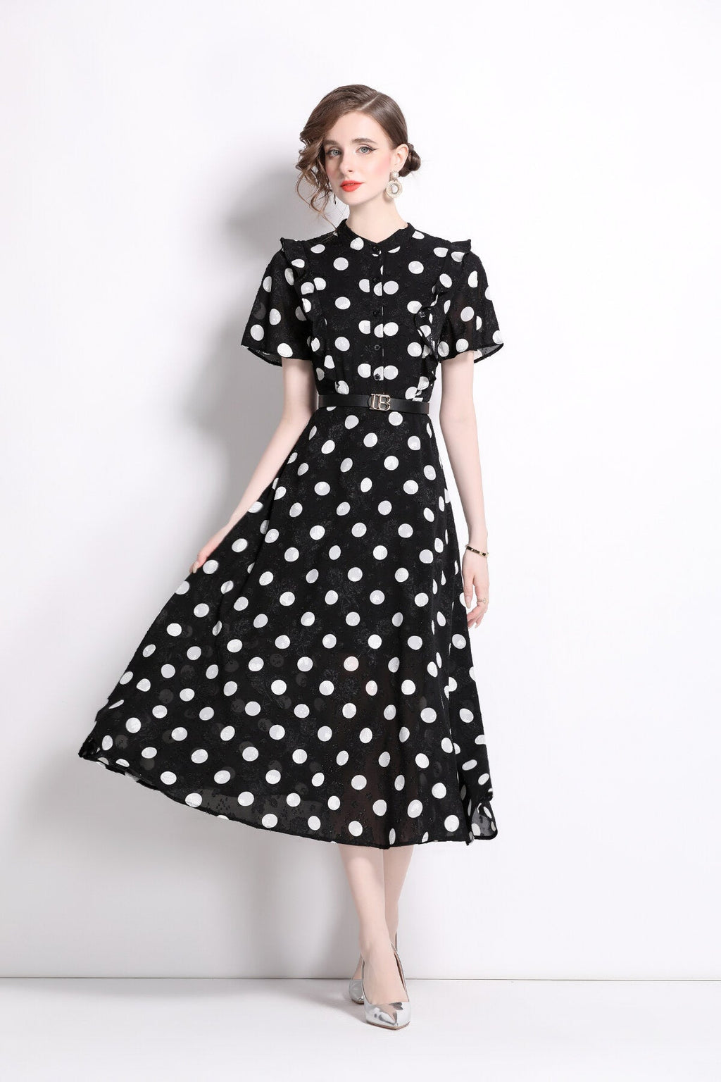 French Polka Dot Print Stand Collar Midi A Line Dress-2