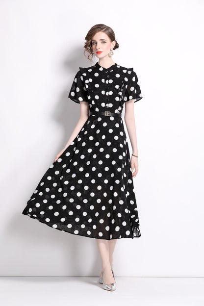 French Polka Dot Print Stand Collar Midi A Line Dress-2