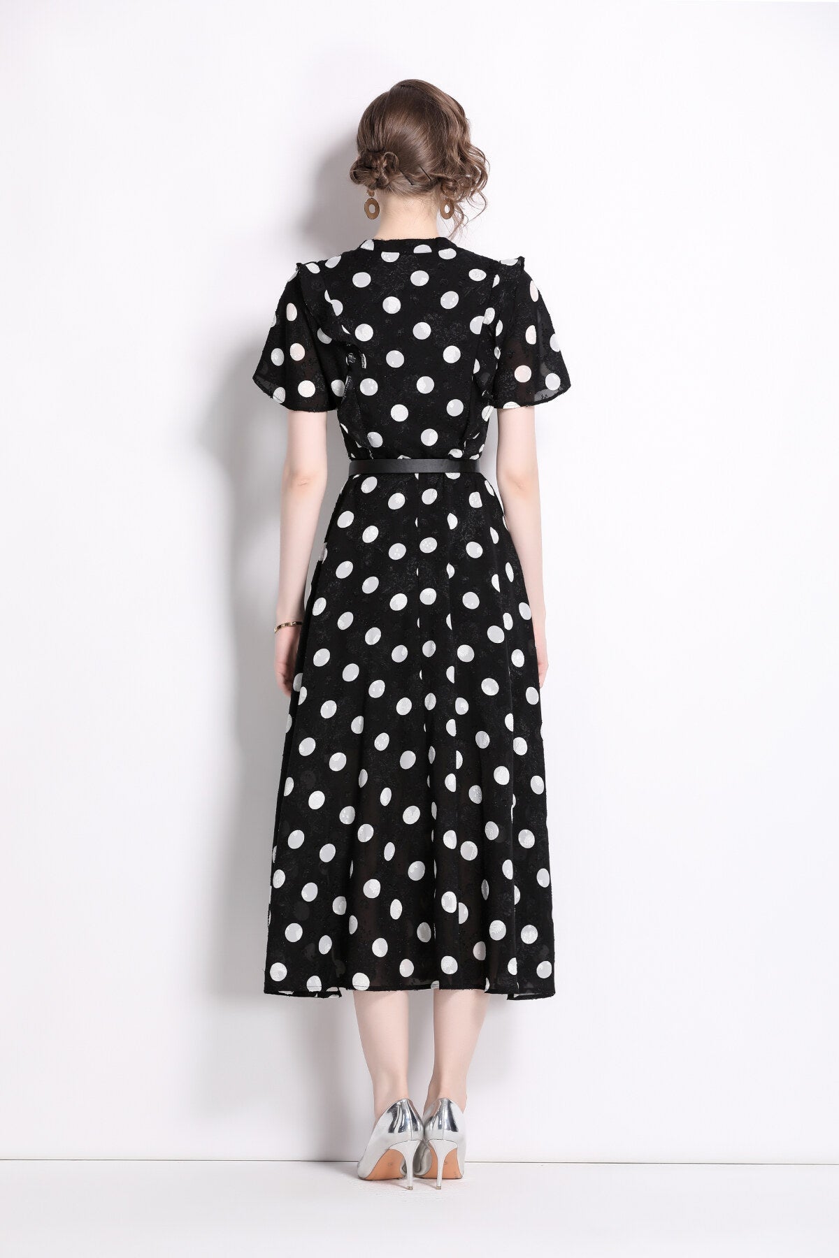 French Polka Dot Print Stand Collar Midi A Line Dress-3