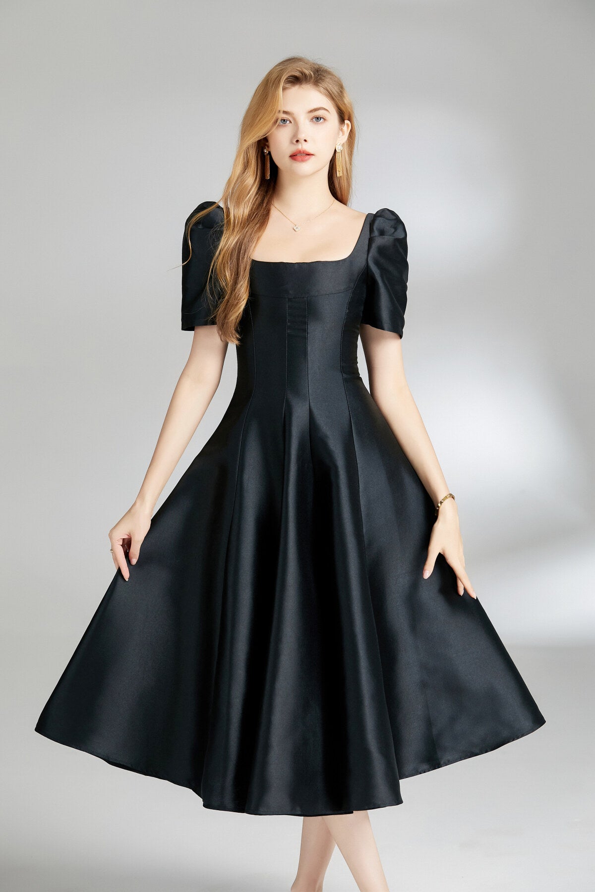 French Square Neck Flared Evening Dress-2