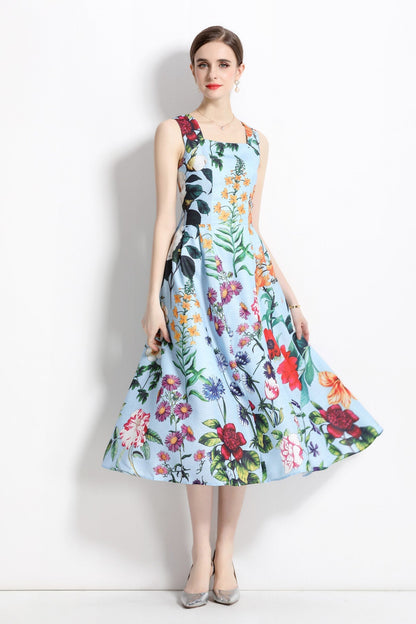 French Vintage Blue Floral High Waist Thick Strap Dress-2